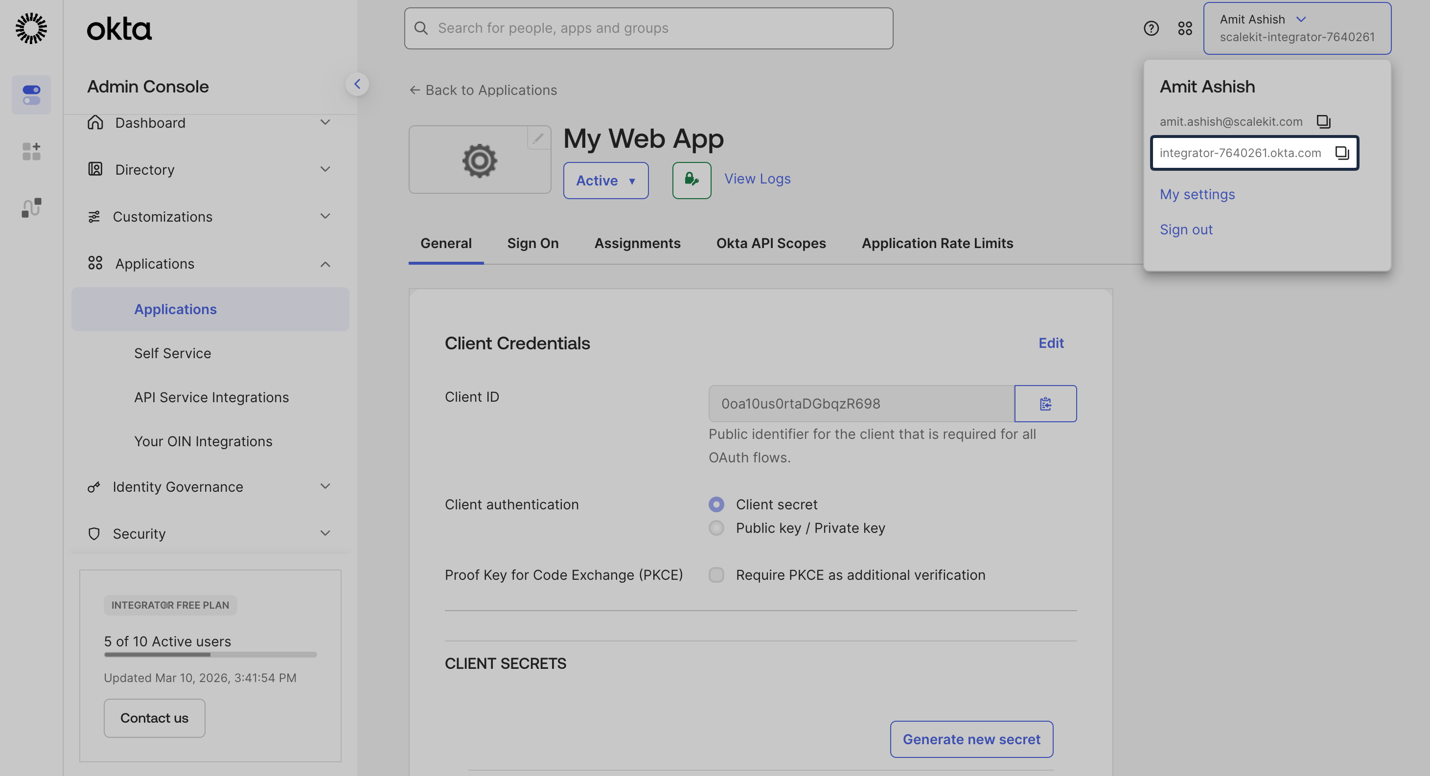 Copy Okta tenant domain from profile menu