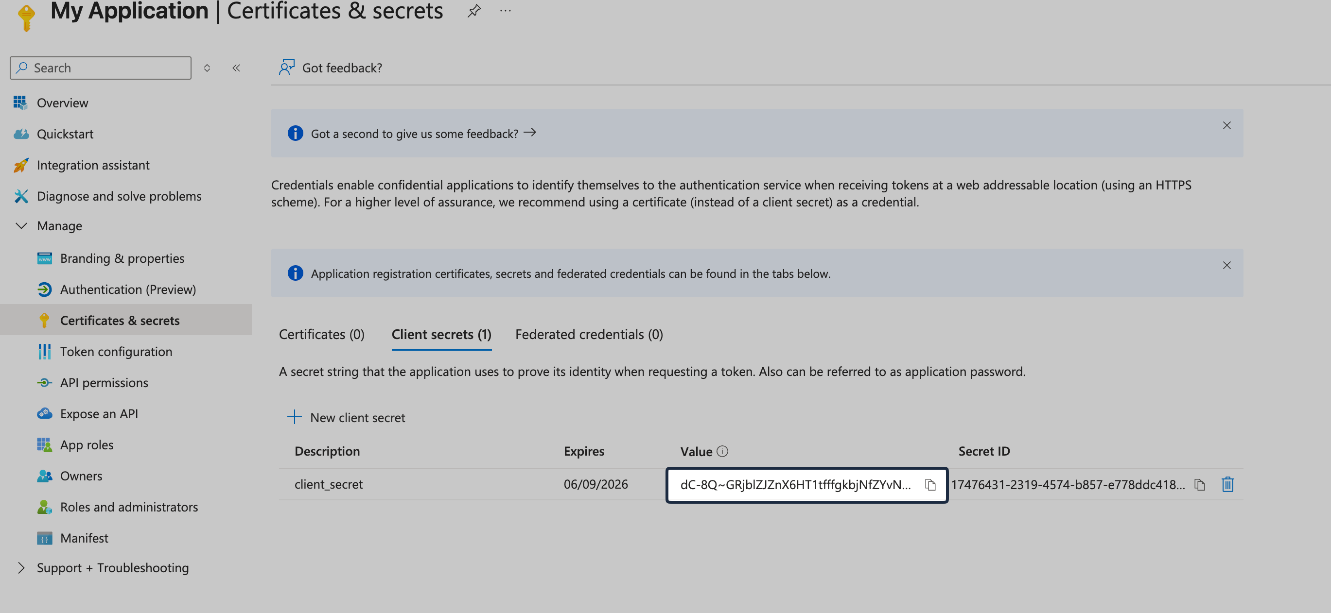 New client secret created with value ready to copy