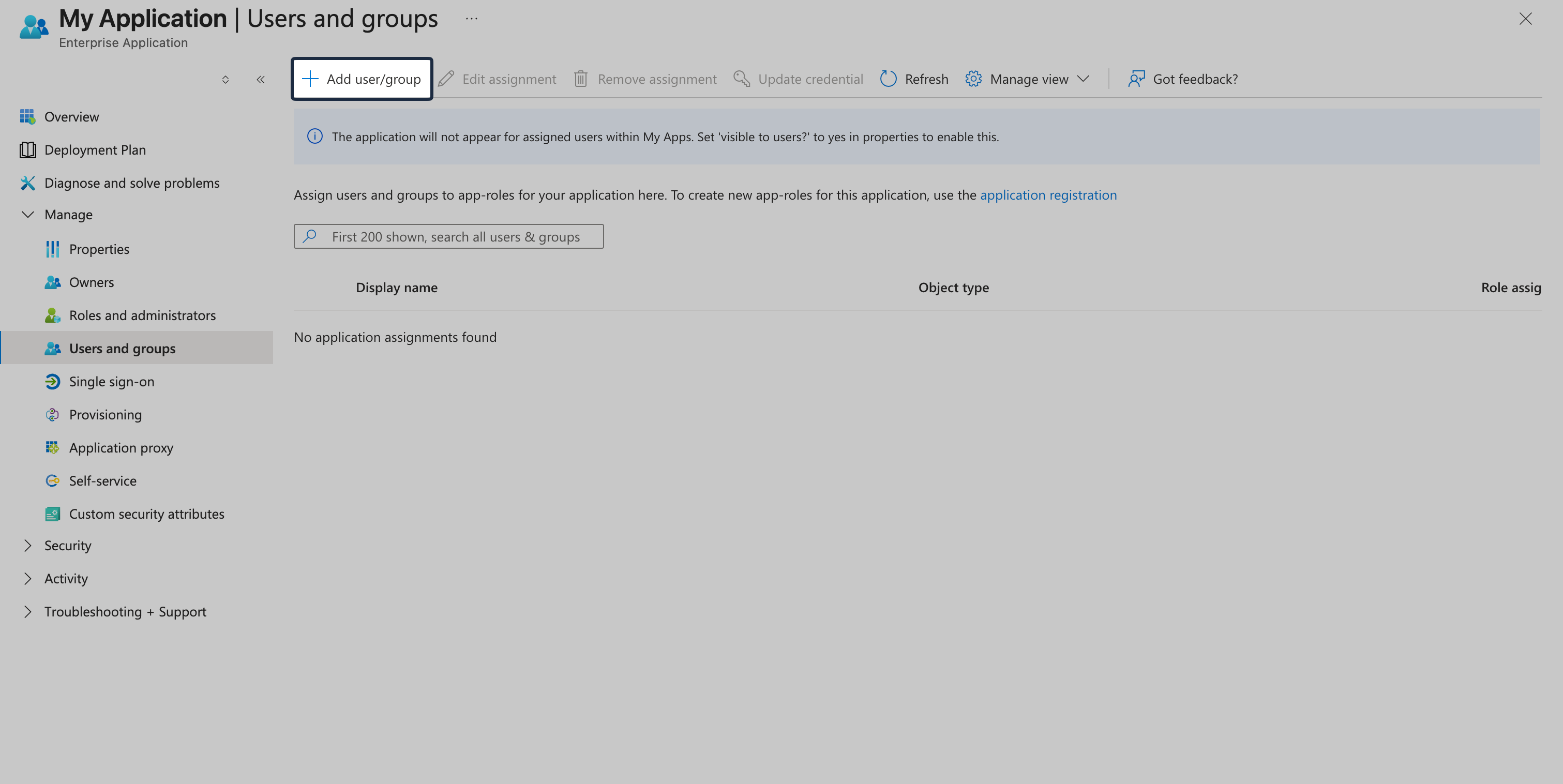 Users and groups page with Add user or group action