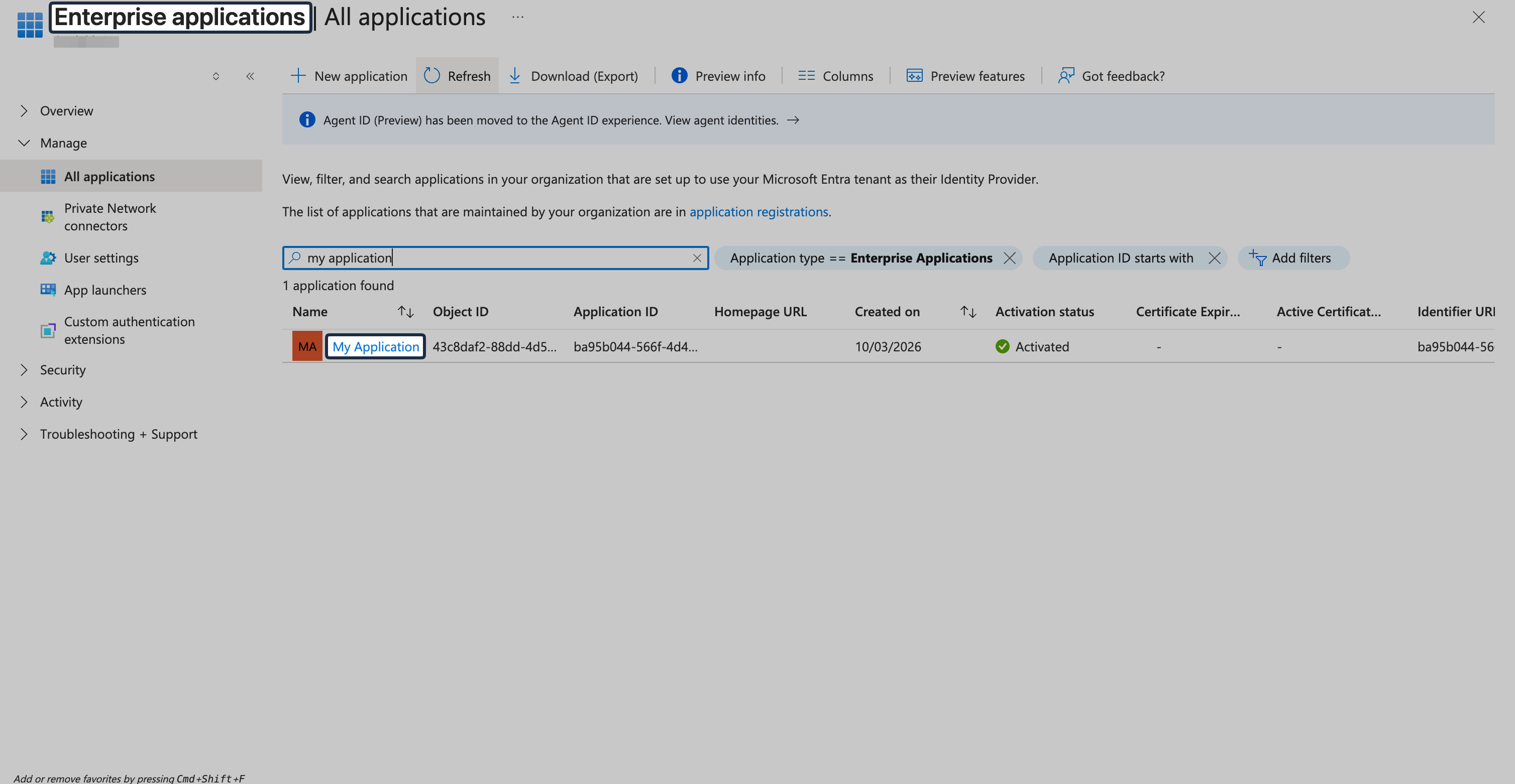 Enterprise applications list with the newly created OIDC app selected