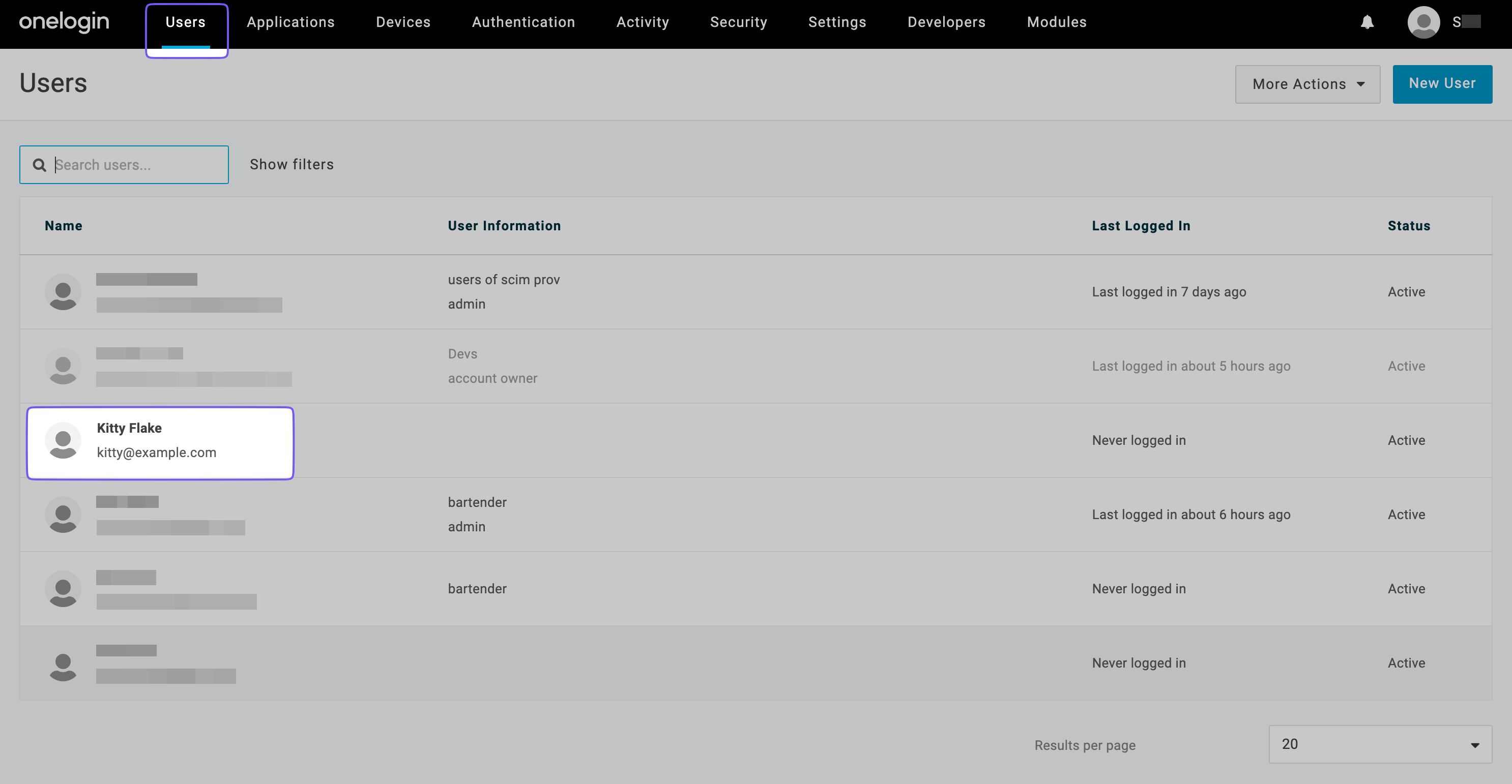 OneLogin Users dashboard displaying user information, including roles, last login time, and account status.