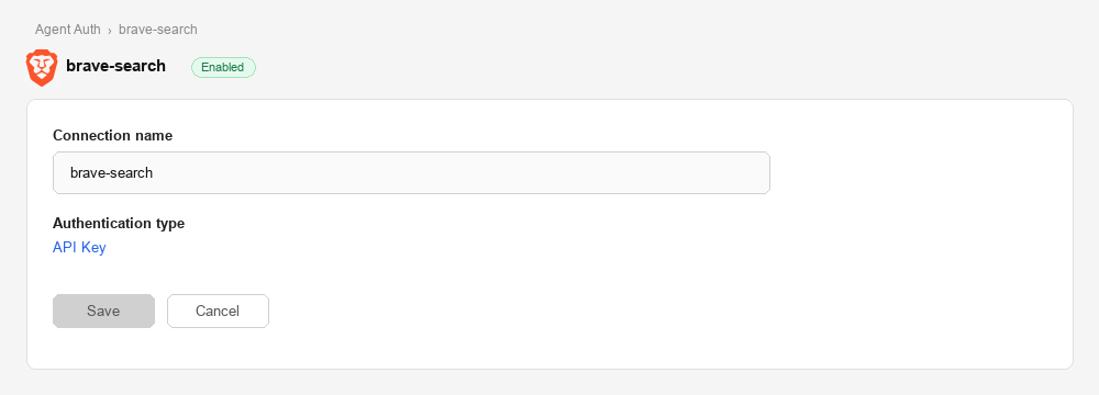 Scalekit connection configuration page for Brave Search showing the connection name and API Key authentication type