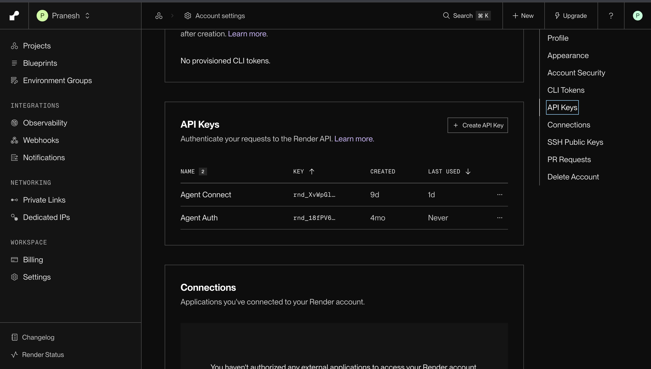 Render Account settings showing the API Keys panel with existing keys and a Create API Key button