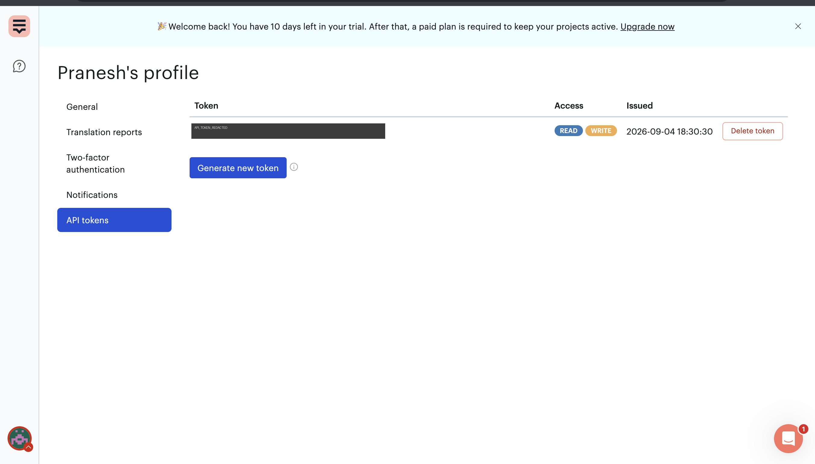 Lokalise profile API tokens page listing existing tokens with a Generate new token button