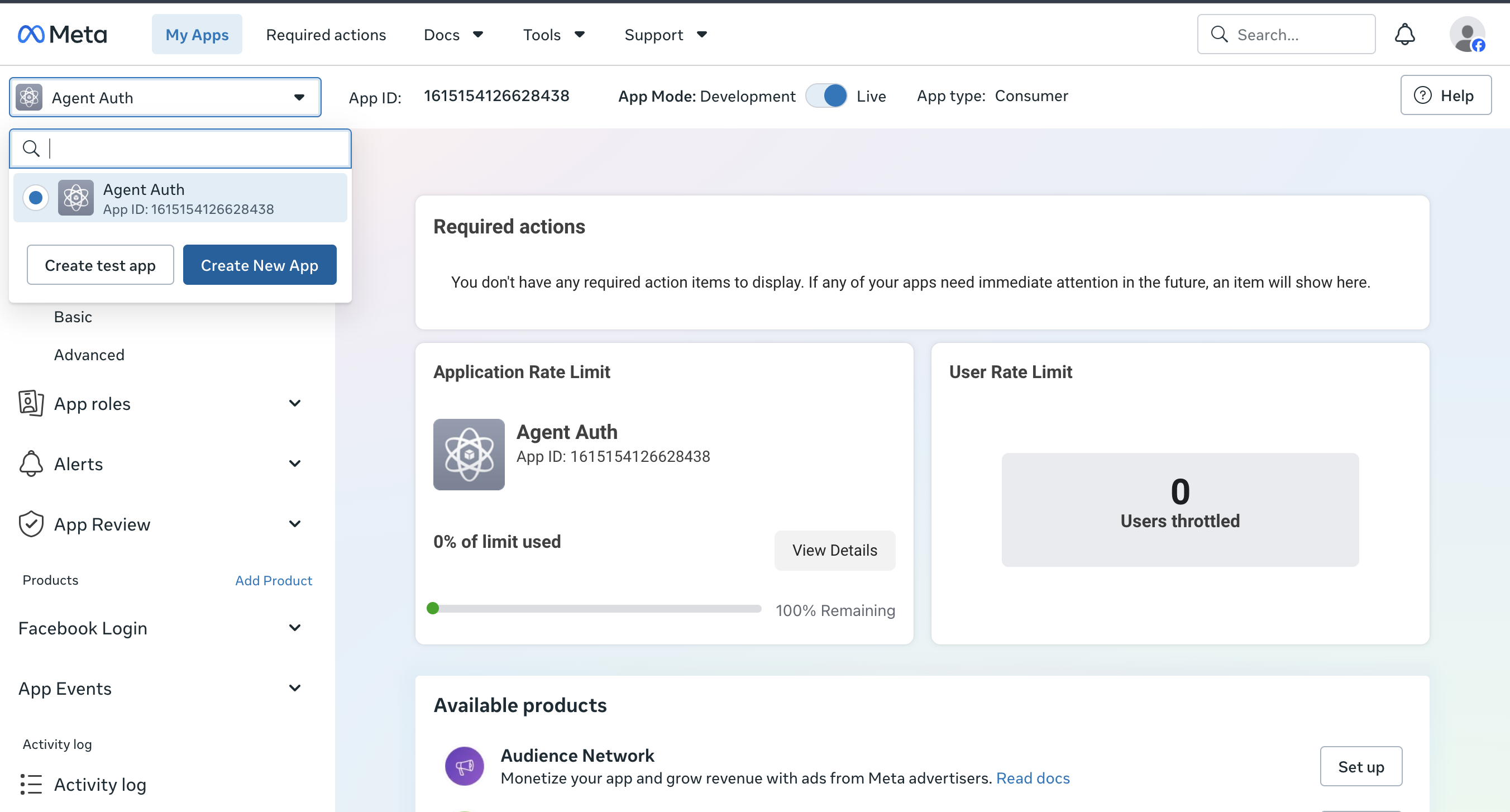 App switcher dropdown for selecting or creating a Meta app