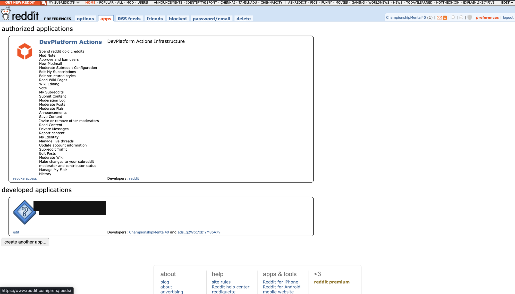 Reddit prefs/apps page showing the developed applications list with an app's client ID and an edit link