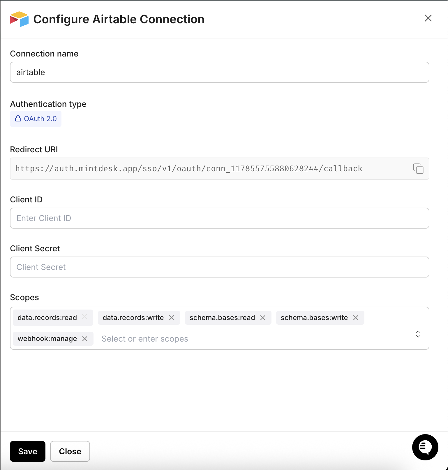 Copy the redirect URI from the Configure Airtable Connection dialog