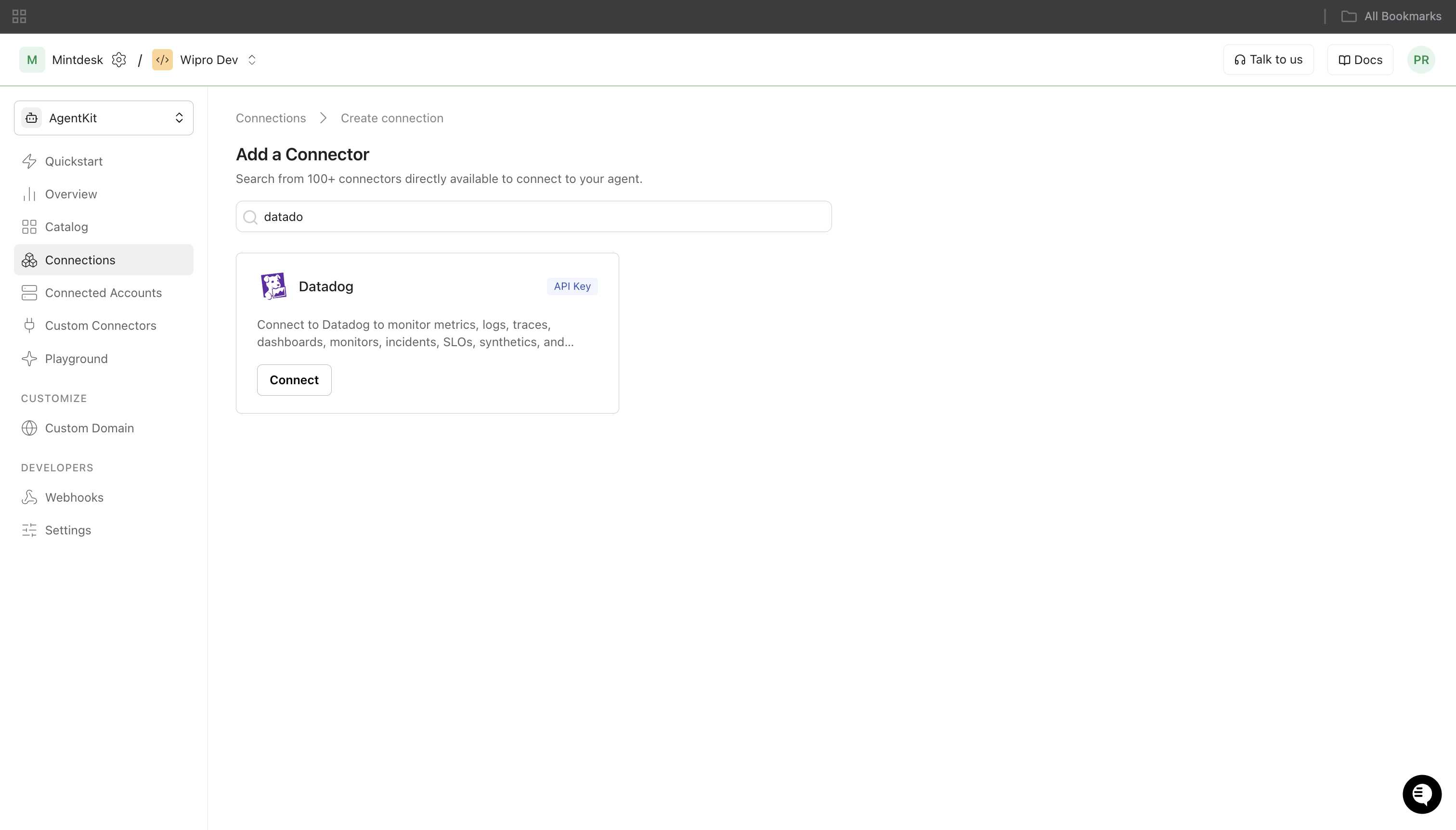Datadog connector card shown in Scalekit's Create Connection search