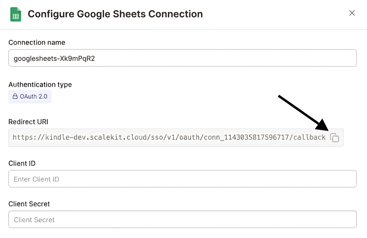 Copy redirect URI from Scalekit dashboard