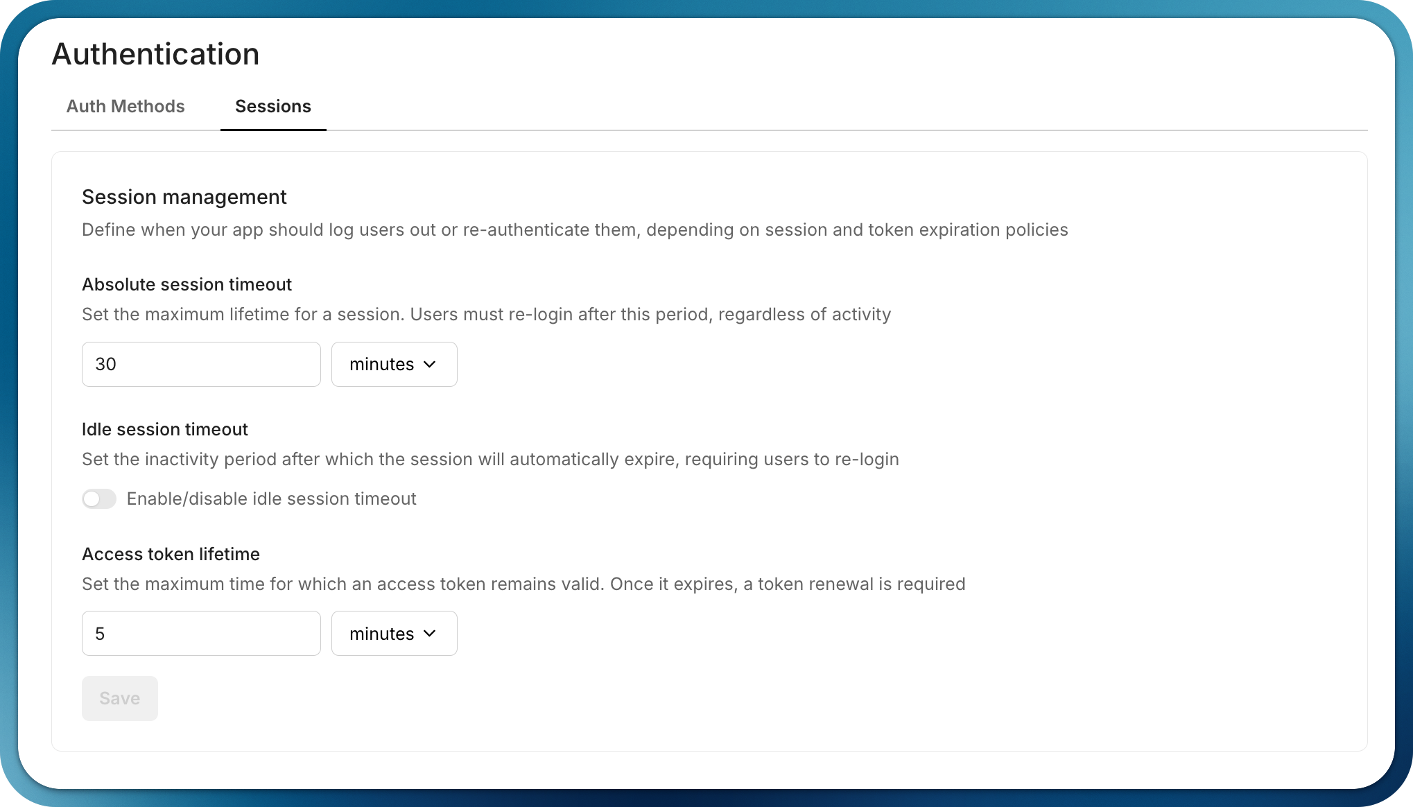Session Settings Dashboard
