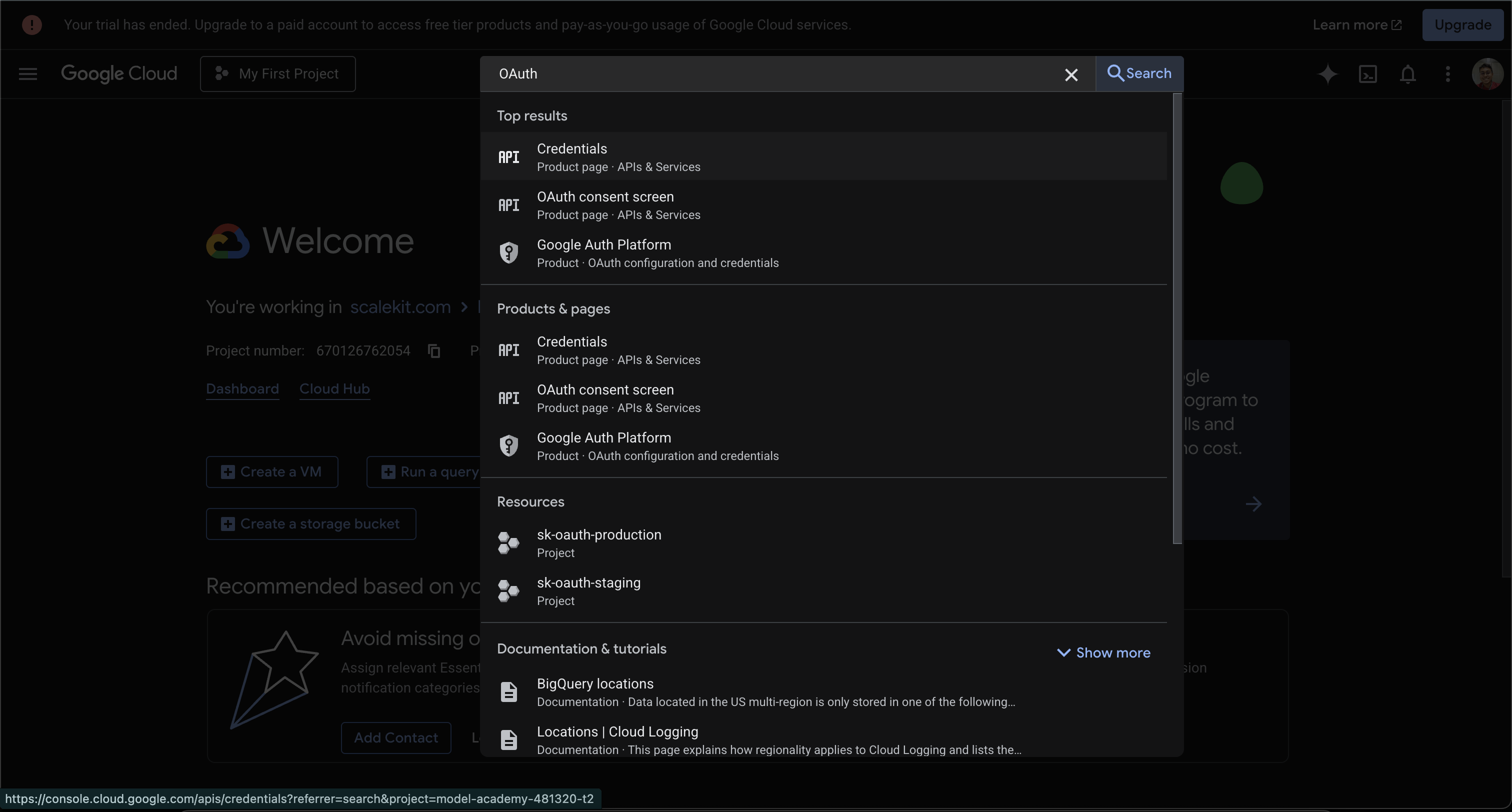 Searching for OAuth in Google Cloud Console